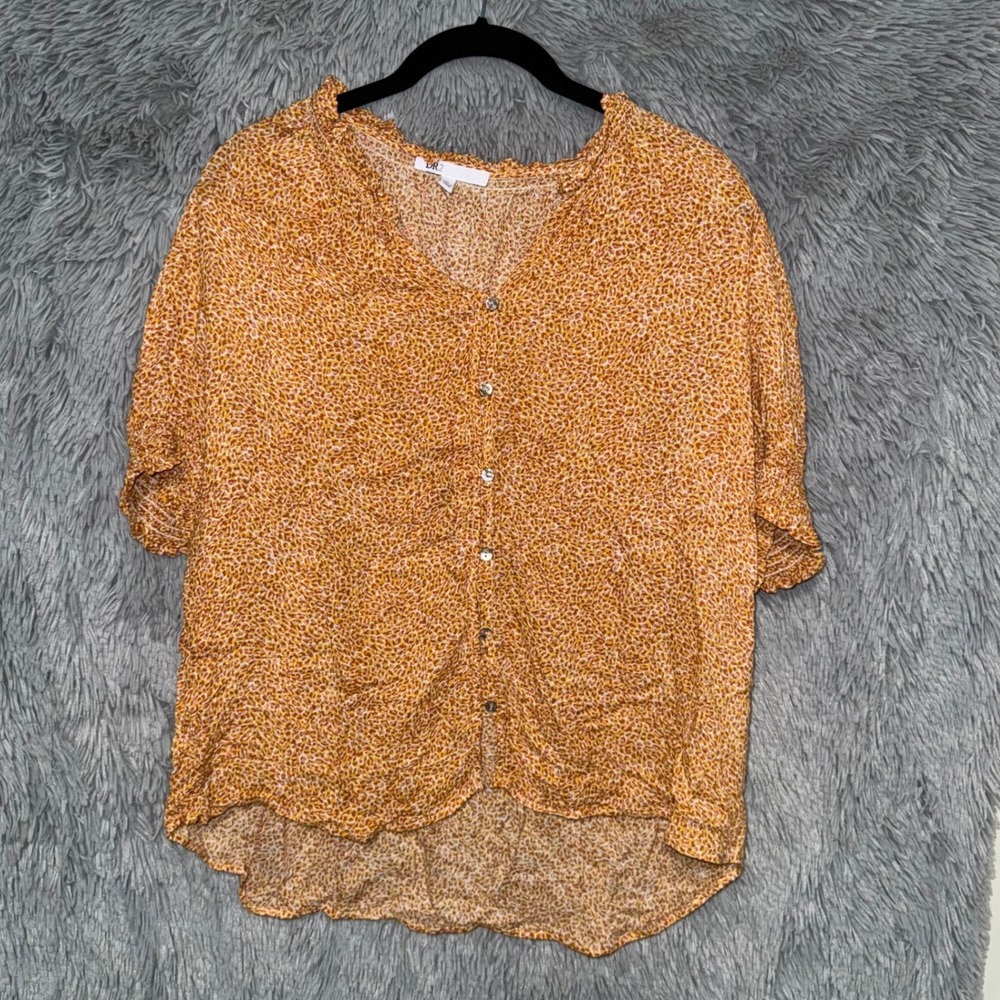 DR2 Women's XL Orange Yellow Tan‎ Leopard Print Button Up Shirt Top Casual